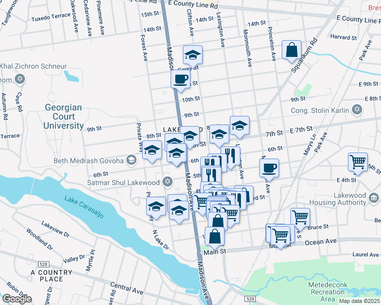 map of restaurants, bars, coffee shops, grocery stores, and more near 613 Madison Avenue in Lakewood