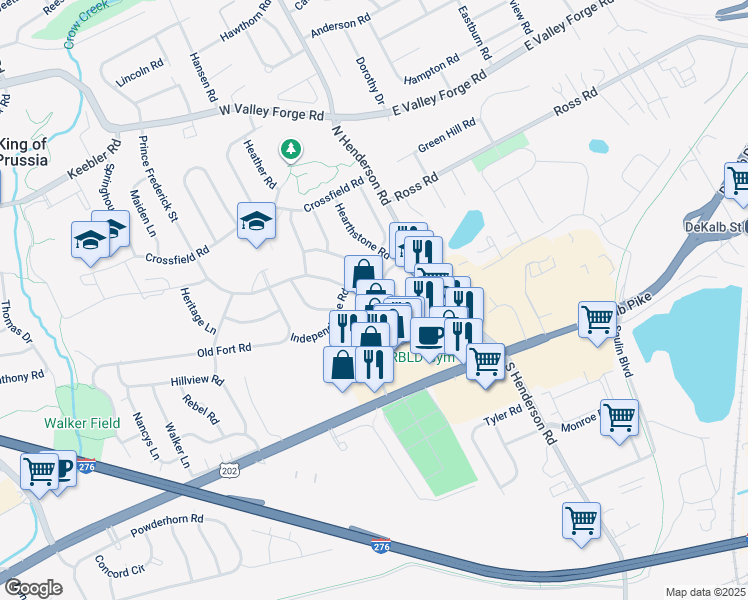 map of restaurants, bars, coffee shops, grocery stores, and more near 200 Prince Frederick Street in King of Prussia