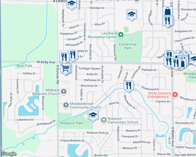 map of restaurants, bars, coffee shops, grocery stores, and more near 2506 Hathaway Drive in Champaign