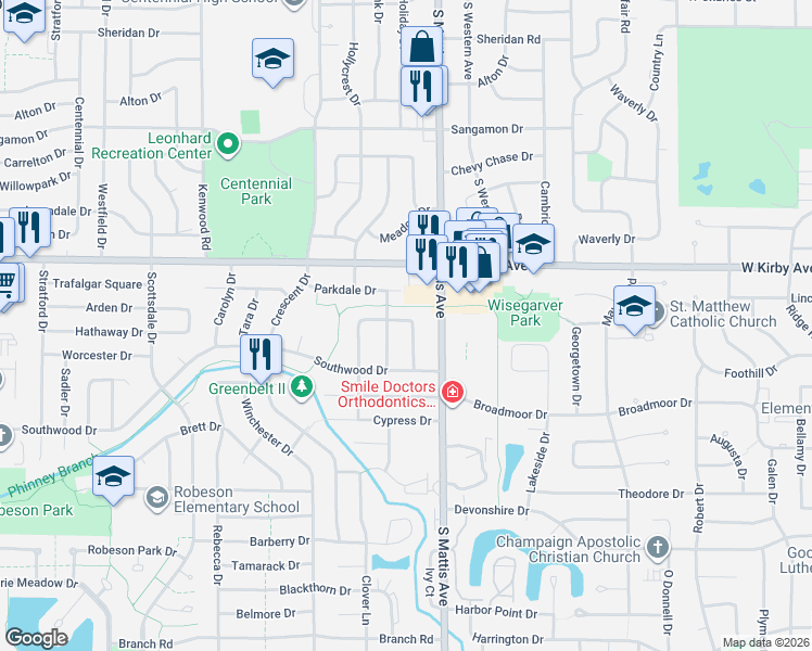 map of restaurants, bars, coffee shops, grocery stores, and more near 1621 Ridgeland Drive in Champaign
