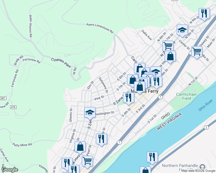 map of restaurants, bars, coffee shops, grocery stores, and more near 411 Clinton Street in Martins Ferry