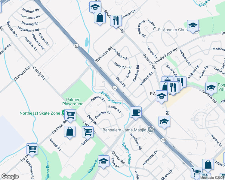 map of restaurants, bars, coffee shops, grocery stores, and more near 1615 Riverside Drive in Philadelphia