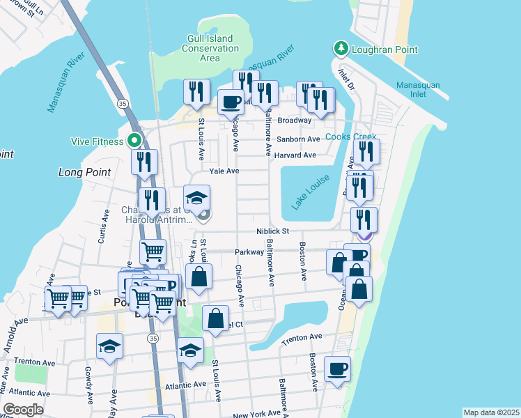 map of restaurants, bars, coffee shops, grocery stores, and more near 201 Homestead Avenue in Point Pleasant Beach