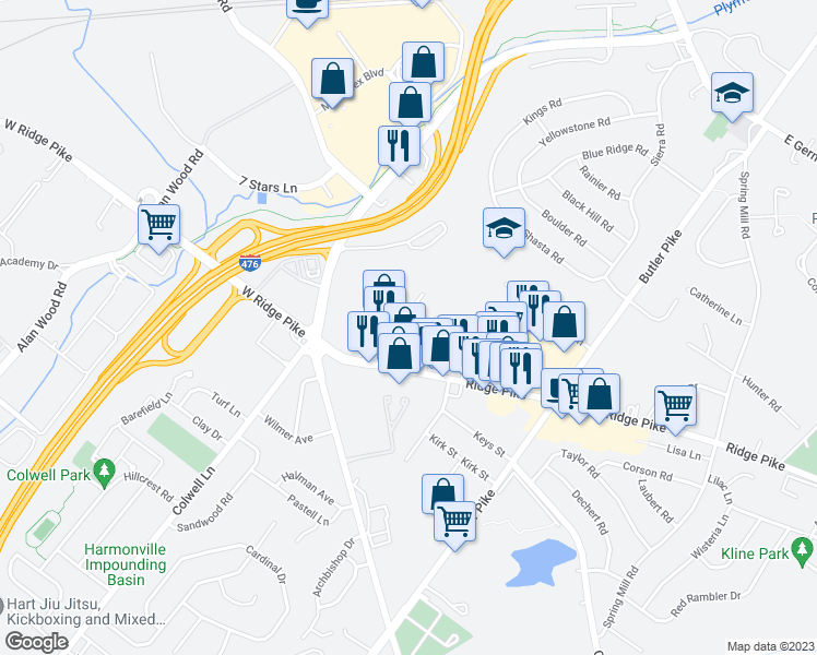 map of restaurants, bars, coffee shops, grocery stores, and more near 1953 Main Avenue in Conshohocken
