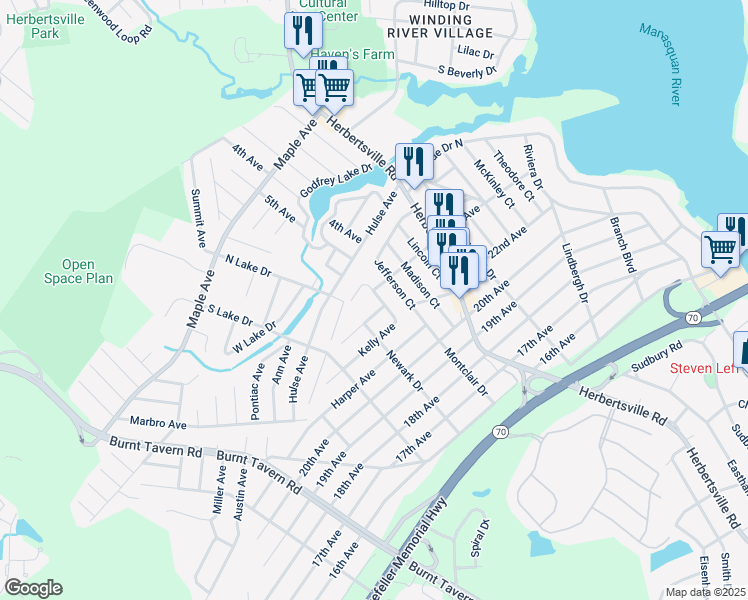 map of restaurants, bars, coffee shops, grocery stores, and more near 321 Kelly Avenue in Brick