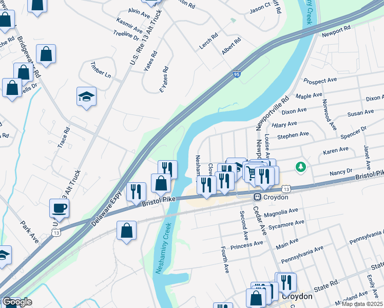 map of restaurants, bars, coffee shops, grocery stores, and more near 221 Neshaminy Road in Croydon