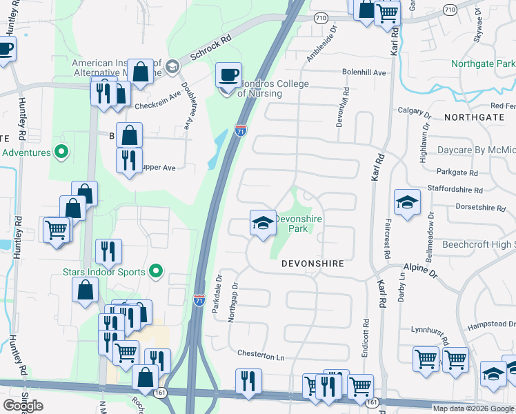 map of restaurants, bars, coffee shops, grocery stores, and more near 1255 Kildale Square South in Columbus