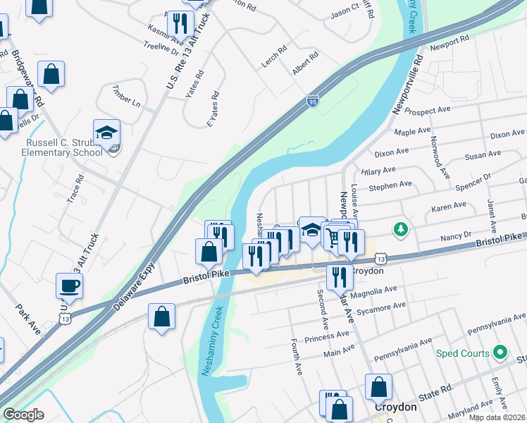 map of restaurants, bars, coffee shops, grocery stores, and more near 218 Neshaminy Road in Croydon