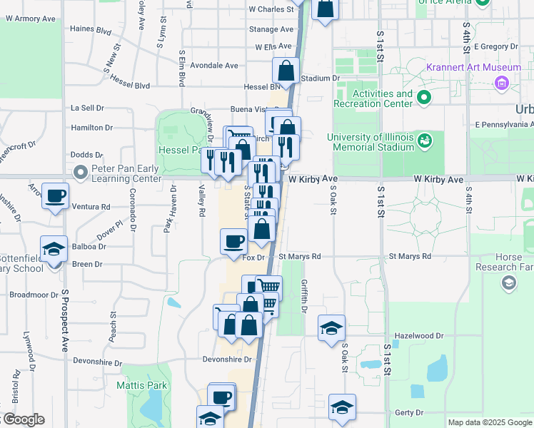 map of restaurants, bars, coffee shops, grocery stores, and more near 1615 South Neil Street in Champaign