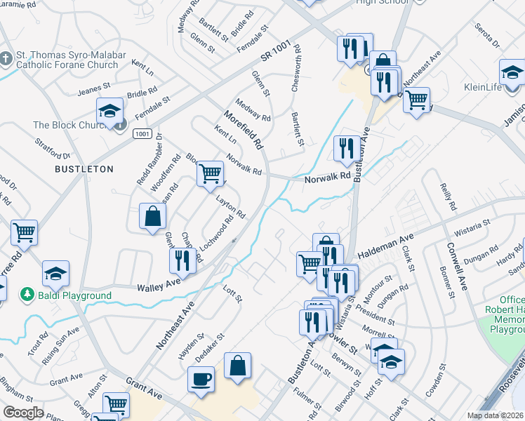 map of restaurants, bars, coffee shops, grocery stores, and more near 9831 Walley Avenue in Philadelphia