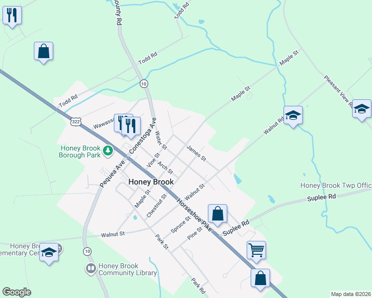 map of restaurants, bars, coffee shops, grocery stores, and more near 541 Maple Street in Honey Brook