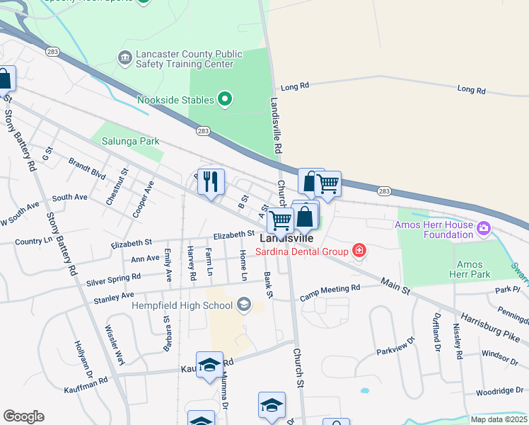 map of restaurants, bars, coffee shops, grocery stores, and more near 264 E Street in Salunga-Landisville