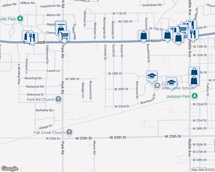 map of restaurants, bars, coffee shops, grocery stores, and more near 1918 Costello Drive in Anderson