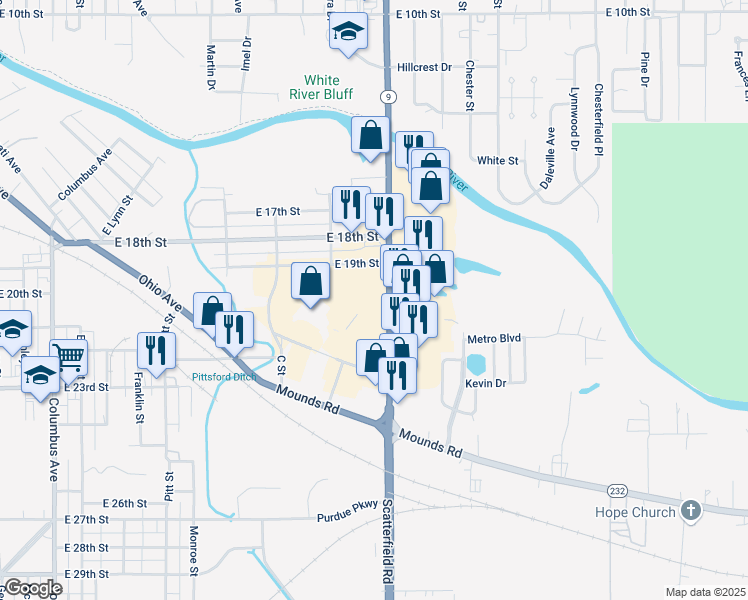 map of restaurants, bars, coffee shops, grocery stores, and more near 2101 South Scatterfield Road in Anderson