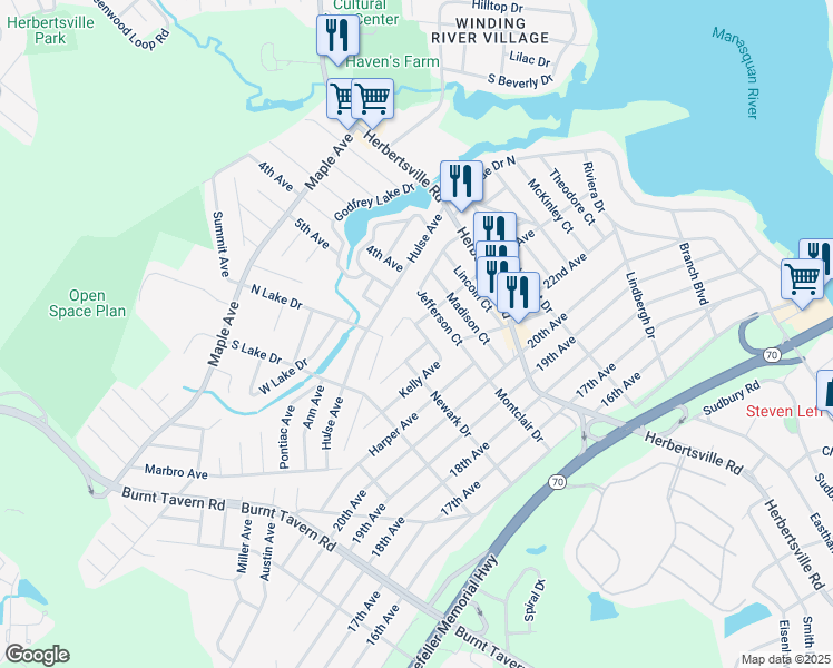 map of restaurants, bars, coffee shops, grocery stores, and more near 321 Kelly Avenue in Brick