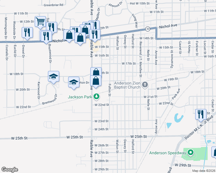 map of restaurants, bars, coffee shops, grocery stores, and more near 1909 Fulton Street in Anderson