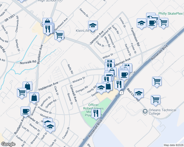 map of restaurants, bars, coffee shops, grocery stores, and more near 9972 Wistaria St in Philadelphia