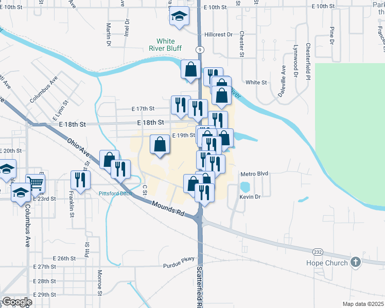 map of restaurants, bars, coffee shops, grocery stores, and more near 2101 South Scatterfield Road in Anderson