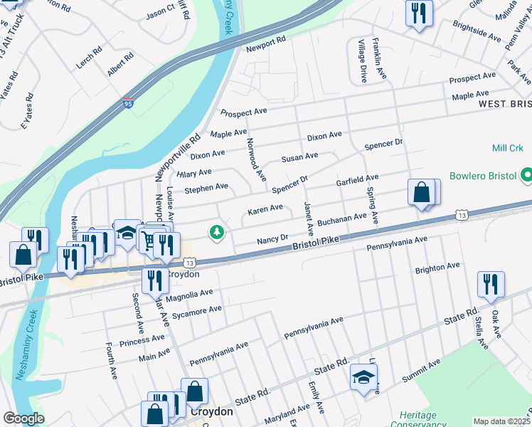 map of restaurants, bars, coffee shops, grocery stores, and more near 1204 Karen Avenue in Croydon