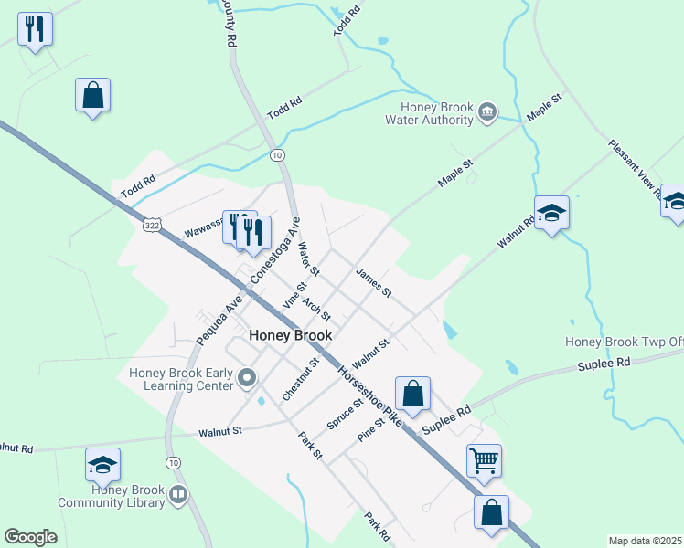 map of restaurants, bars, coffee shops, grocery stores, and more near 541 Maple Street in Honey Brook