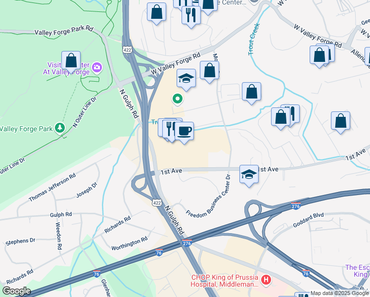 map of restaurants, bars, coffee shops, grocery stores, and more near 1150 1st Avenue in King of Prussia