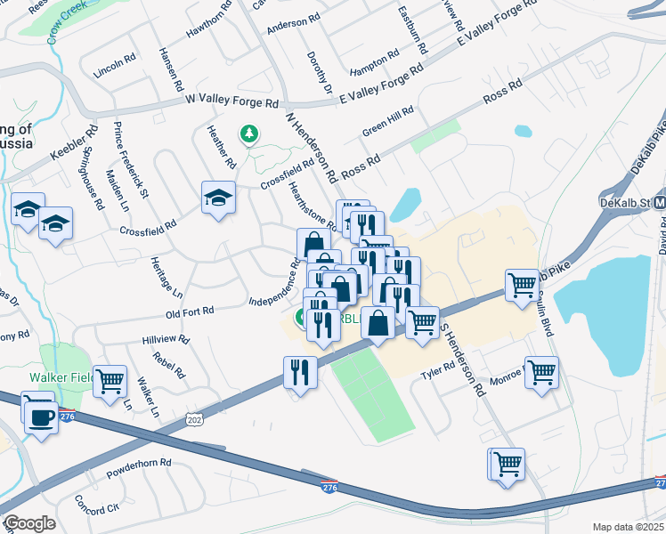 map of restaurants, bars, coffee shops, grocery stores, and more near 200 Prince Frederick Street in King of Prussia