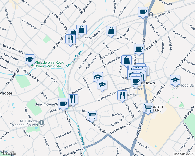 map of restaurants, bars, coffee shops, grocery stores, and more near 305 West Avenue in Jenkintown