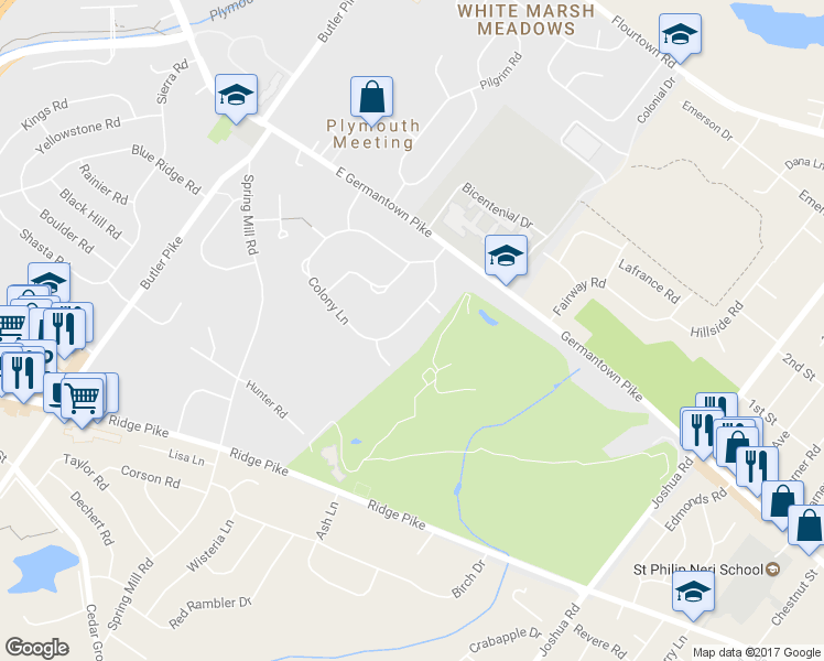 map of restaurants, bars, coffee shops, grocery stores, and more near 3175 Colony Lane in Plymouth Meeting
