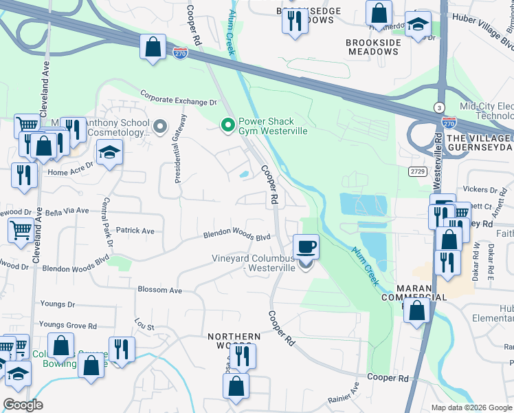 map of restaurants, bars, coffee shops, grocery stores, and more near 3067 Birch Hollow Way in Columbus