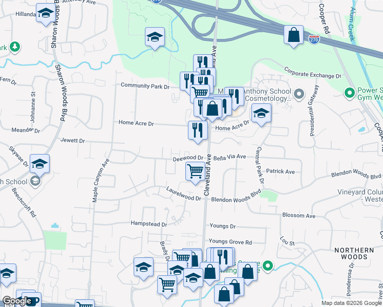 map of restaurants, bars, coffee shops, grocery stores, and more near 2440 Deewood Drive in Columbus