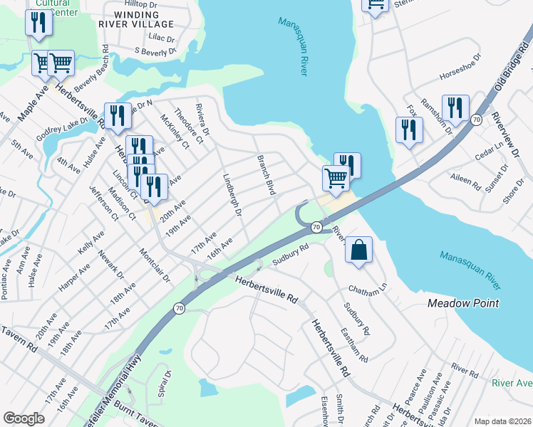 map of restaurants, bars, coffee shops, grocery stores, and more near 176 16th Avenue in Brick Township