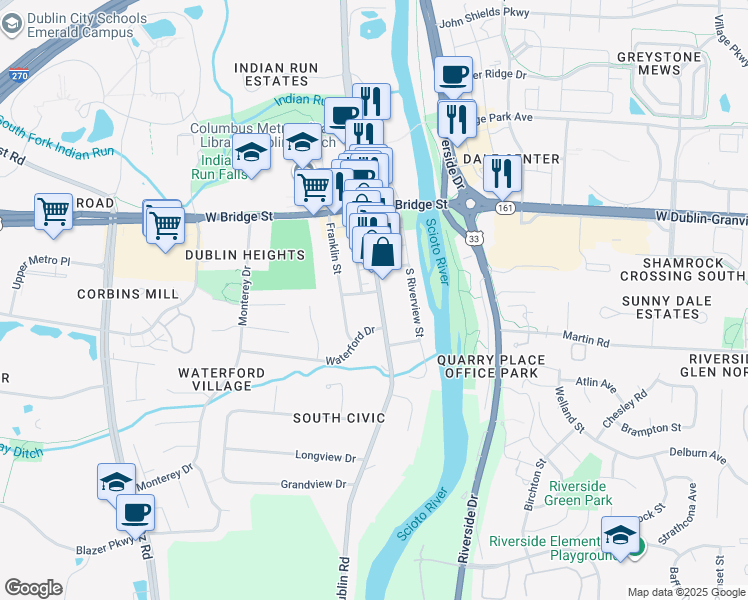 map of restaurants, bars, coffee shops, grocery stores, and more near 155 Dublin Road in Dublin
