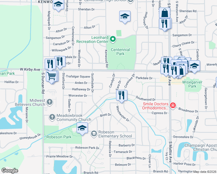 map of restaurants, bars, coffee shops, grocery stores, and more near 1711 Carolyn Drive in Champaign