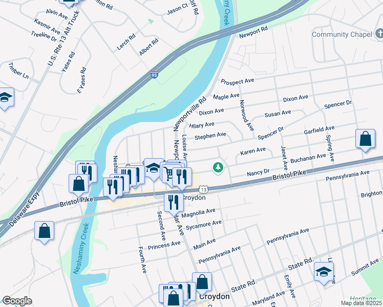 map of restaurants, bars, coffee shops, grocery stores, and more near 900 Spencer Drive in Croydon