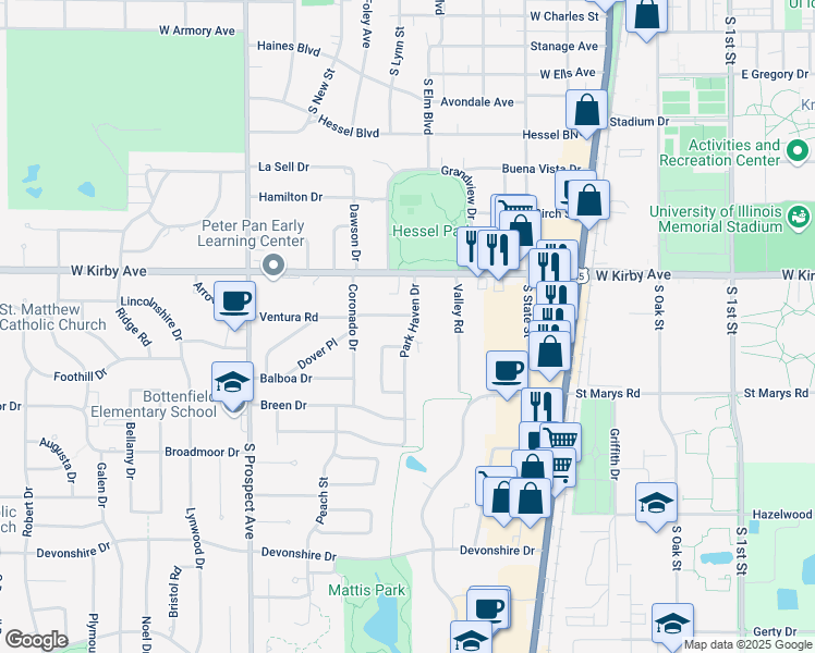 map of restaurants, bars, coffee shops, grocery stores, and more near 1704 Park Haven Drive in Champaign