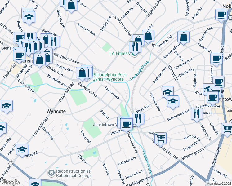 map of restaurants, bars, coffee shops, grocery stores, and more near 701 Paxson Avenue in Wyncote