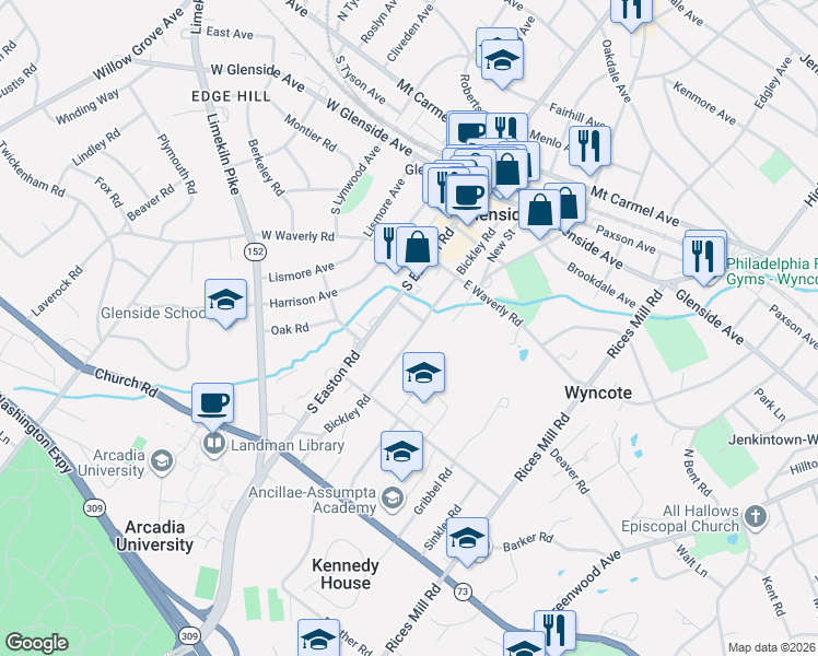 map of restaurants, bars, coffee shops, grocery stores, and more near 256 Bickley Rd in Glenside