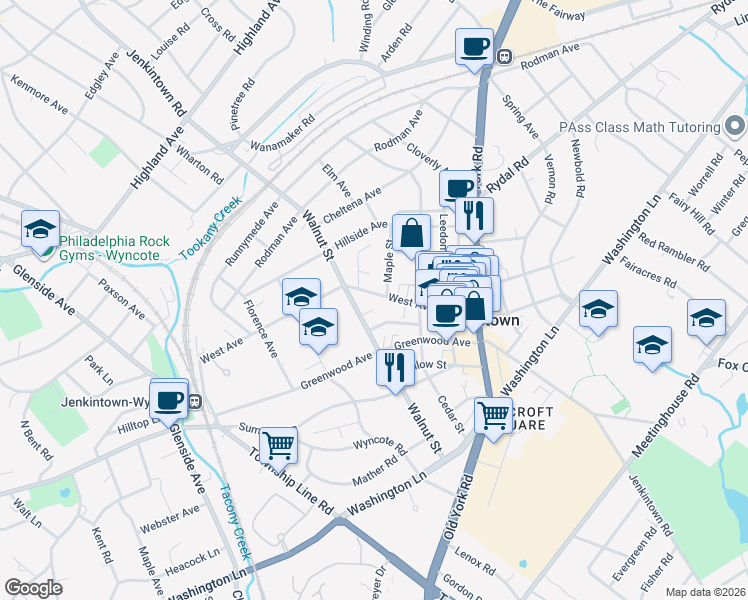 map of restaurants, bars, coffee shops, grocery stores, and more near 408 West Avenue in Jenkintown