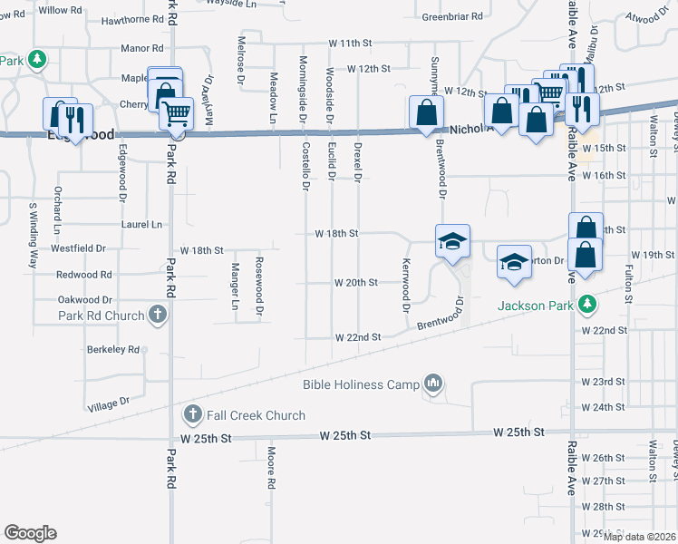 map of restaurants, bars, coffee shops, grocery stores, and more near 1920 Euclid Drive in Anderson