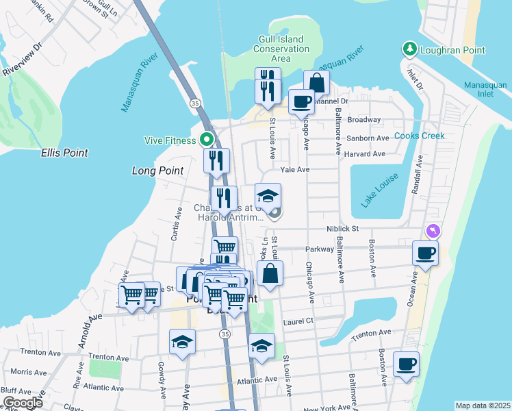 map of restaurants, bars, coffee shops, grocery stores, and more near 429 Yale Avenue in Point Pleasant Beach