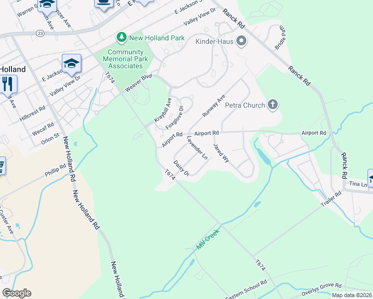 map of restaurants, bars, coffee shops, grocery stores, and more near 484 Daisy Dr in New Holland
