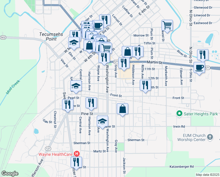 map of restaurants, bars, coffee shops, grocery stores, and more near 417 Washington Avenue in Greenville
