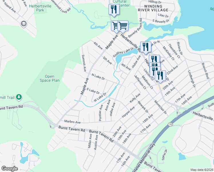 map of restaurants, bars, coffee shops, grocery stores, and more near 410 Beth Avenue in Brick Township