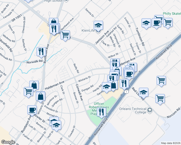 map of restaurants, bars, coffee shops, grocery stores, and more near 2000 Montour Street in Philadelphia