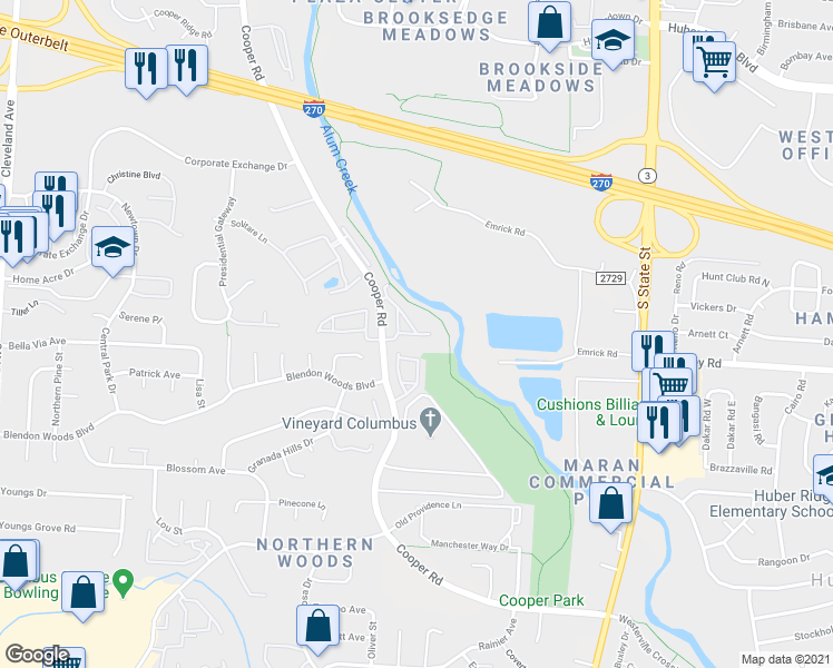 map of restaurants, bars, coffee shops, grocery stores, and more near 6098 Harbour Pointe in Columbus