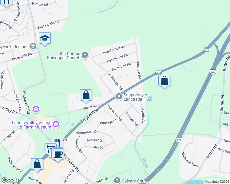 map of restaurants, bars, coffee shops, grocery stores, and more near 106 White Oak Dr in Lancaster