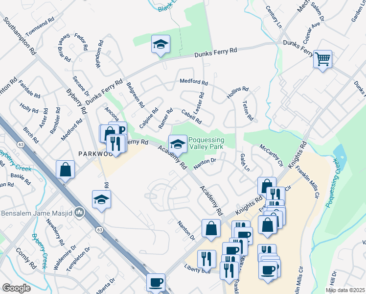 map of restaurants, bars, coffee shops, grocery stores, and more near 12499 Torrey Road in Philadelphia
