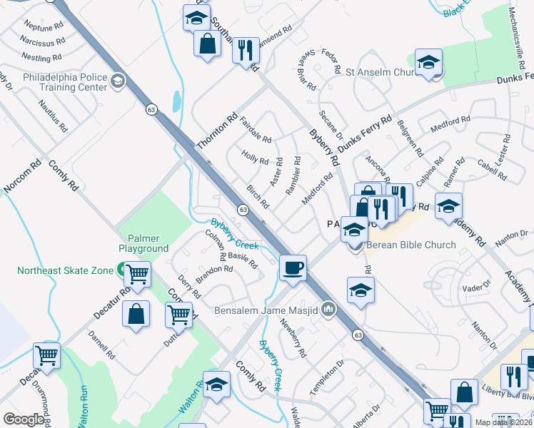 map of restaurants, bars, coffee shops, grocery stores, and more near 3266 Birch Road in Philadelphia