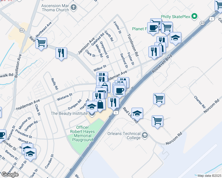 map of restaurants, bars, coffee shops, grocery stores, and more near 2109 Red Lion Road in Philadelphia