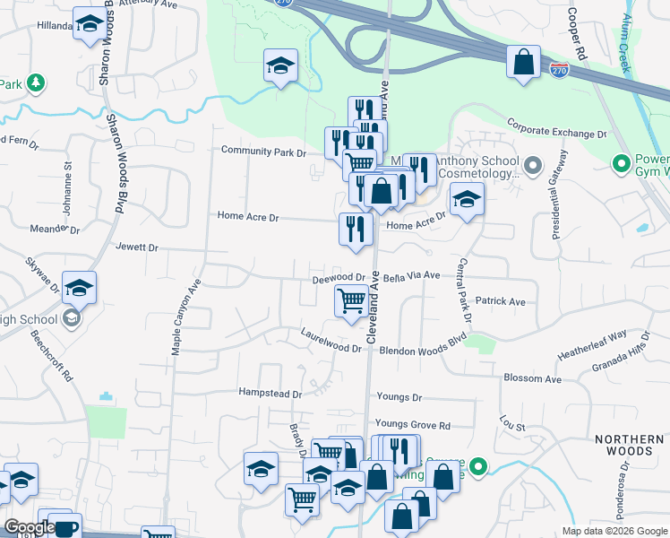 map of restaurants, bars, coffee shops, grocery stores, and more near 2440 Deewood Drive in Columbus